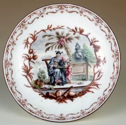 Porselensplate som representerer en kinesisk sjakkscene. Realisert av Jean Michel Liotard (1702-1796). Paris, dekorativ kunst