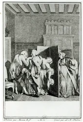 Baronen ... hilste Candide med noen bemerkelsesverdige spark på sluttstykket og drev ham ut av dørene, illustrasjon fra kapittel 1 av Candide av Francois Voltaire (1694-1778) gravert av Louis Michel Halbou (
