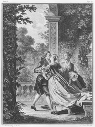 Kjærlighetens første kyss, bind I, side 37, illustrasjon fra «La Nouvelle Héloïse» av Jean-Jacques Rousseau (1712-78), gravert av Noël Le Mire (1724-1800)