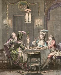 Le supper fin - gravering av Moreau Jean Michel, le Jeune (1741-1814) - gourmetnattverden, gravert av Isidore Stanislas Helman (1743-1809) 1781 etter Moreau, Jean Michel den yngre (1741-1814)