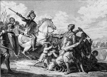 Drapet på sønnene til Teoderik II av Burgund i 613, i nærvær av Klotar II (584-628), konge av Neustria. Blant dem var Sigibert II (601-613). Gravering av Jean Michel Moreau, kalt Moreau den yngre (1741-1814)
