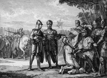 Slaget ved Tertry, 687: seierherren over Neustrias hær, Pipin den yngre eller av Herstal (omkring 653-714), fyrste av Austrasia, anerkjenner myndigheten til Neustrias konge Theoderik III (657-691). Gravering av Jean Michel Moreau, kalt Moreau den yngre