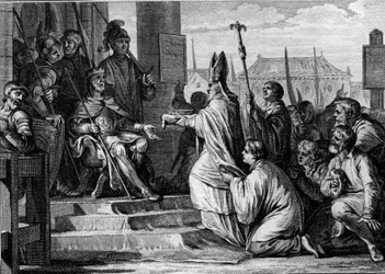 Charlemagne (747-814), king of the Franks, receiving the iron crown of Lombardy from the hands of the eveque of Milan, 774. Engraving by Jean Michel Moreau, dit Moreau le Jeune (1741- 1814)