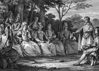 Court of Love i middelalderen i nærvær av trubadurene - Gravering av Jean Michel Moreau, dit Moreau le Jeune (1741-1814)