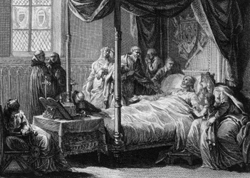 Death of Dagobert I (602/605-638), King of the Francs, in the presence of his wife, Queen Nantilde (ca. 610-642) and his son, the future Clovis II (ca. 635-657). Engraving by Jean Michel Moreau, dit Moreau le Jeune (1741- 1814)