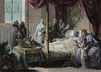 Død av Dagobert I (602/605 - 638), kongen av frankene, i nærvær av sin kone, dronning Nantilde (ca. 610-642) og hans sønn, den fremtidige Clovis II (ca. 635-657). Gravering av Jean Michel Moreau, dit Moreau le Jeune (1741-1814)