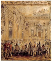 Fest gitt av Jeanne Becu, grevinne (eller madame) av Barry (1743-1793), elskerinne til Louis XV, på slottet Louveciennes 2.09.1771 Akvarell av Jean Michel Moreau le Jeune (1741-1814). Søn 0,31x0,26 m Paris, musee du Louvre