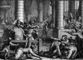 Frankrike, karolingisk periode: plenumskurs (feet celebree to ganger i året). Soldater kaster mynter til folket, Gravering av Jean Michel Moreau, dit Moreau le Jeune (1741-1814)