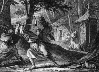 Hermitter som bor i et samfunn i en fransk skog, sent på det 11.-begynnelsen av det 12. århundre. Gravering av Jean Michel Moreau, dit Moreau le Jeune (1741-1814)