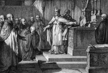 Hugues Capet (941-996) reetablerte de kanoniske valgene: Frankenes konge lot munkene velge sine abbeder ved å plassere et kors og en mitre på et alter. Gravering av Jean Michel Moreau, dit Moreau le Jeune (1741-1814)
