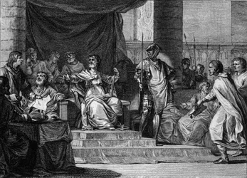 Fantasifull representasjon av riket til merovingerske "late konger": Clovis III (682-695), Childebert III (683-711) og Dagobert III (rundt 697-715) sover og sitter bak borgermesteren i Pepin le Jeune eller Herstal Palace (rundt 653-714). Graverin