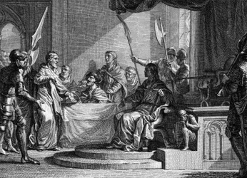 Interregne de Charles Martel, 737: Charles Martel, borgmester i palasset, interregne etter Thierry IVs død (713-737). Gravering av Jean Michel Moreau, kjent som Moreau den yngre (1741-1814)