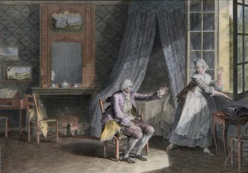 Jean Jacques Rousseaus siste ord (1712-1778), engelsktalende forfatter i Genevan. Gravering av slutten av 1700-tallet, etter Moreau le Jeune Les Dernieres Paroles Jean-Jacques Rousseau etter Moreau, Jean-Michel