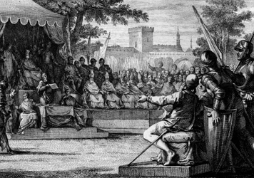 Legislation under Charlemagne: reading a new law aloud to the representatives of the people who cry out their agreement or disagreement. 8th-9th century. Engraving by Jean Michel Moreau, dit Moreau le Jeune (1741- 1814)