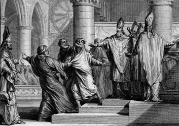 Anger og avsetting av Louis I den fromme eller Debonnaire (778-840), 833: etter å ha tilstått, blir kongen fratatt keiserlige ornamenter av arkeveken i Reims, deretter dekket med en pose med anger. Gravering av Jean Michel Moreau, dette Moreau le Jeu