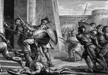 Robert the Fort died (circa 815-866), Duke of France, during the Battle of Brissarthe, in 866, opposing the Francs to an army combining Breton and Viking. Engraving by Jean Michel Moreau, dit Moreau le Jeune (1741- 1814)
