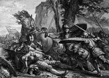 Roland døde under slaget ved Roncesvaux mellom hæren til Charlemagne og den til saracenerne. 778. Gravering av Jean Michel Moreau, dit Moreau le Jeune (1741- 1814)
