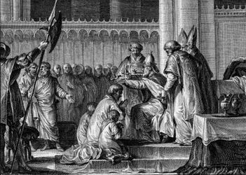 Salvingen av Pipin den lille (714-768), Saint-Denis-basilikaen, 28. juli 754: Pave Stefan II innviet ham til frankernes konge og romernes patrisier (Patricius Romanorum). Ved hans side står hans to sønner, Karloman og Karl (den senere Karl den store).