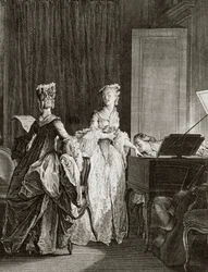 Saint Preux og Claire ved cembalo i "" Julie ou la nouvelle Heloise"" av den sveitsiske filosofen Jean Jacques (Jean-Jacques) Rousseau (1712-1778) - gravering av Moreau le jeune, Jean Michel (1741-1814) (Saint -Preux, slår seg ned ved cembalo, kyss
