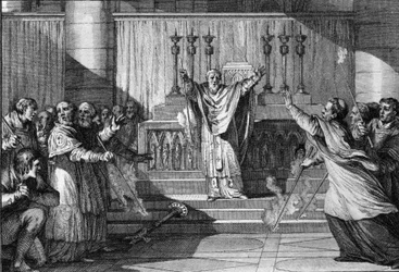 Scene of excommunication under the Capetians: we lay the cross on the steps of the altar, we reverse the candles lit, while the clergymen assemble cursed excommunia. 10th century. Engraving by Jean Michel Moreau, dit Moreau le Jeune (1741- 1814)