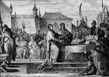 Etterfølge av Pepin the Brief, 768: en forsamling bestemte seg for å dele riket mellom hans to sønner, Charlemagne (747-814) og Carloman (ca. 751-771), og dermed bryte ned ordningene som ble gjort av Pepin the Brief. Gravering av Jean Michel Moreau, dit Mo