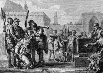 Thierry III (651-691), kongen av frankerne, og Ebroin (død 681), borgermester i Neustria-palasset, ble slått av befolkningen, fiendtlig innstilt til de to mennene. 669. Gravering av Jean Michel Moreau, dit Moreau le Jeune (1741- 1814)