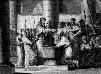 Krig mot sakserne, 785: dåpen av Witikin av Sachsen (eller Widukind, Wittekind). Beseiret ved Karl den stores hær gikk saksernes leder med på å konvertere til katolisismen. Stikk av Jean-Michel Moreau, kalt Moreau le Jeune (1741-1814)