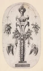 Design for en periode med lederen for kvinne, stropper og troféer, 1535-55.