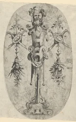 Mannlig endefigur, hode med skjegg og turban på en trekvart stroppefot..., ca. 1543-45.