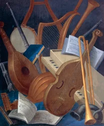 Musikkinstrumenter, detalj fra Allegory of Music, panelmaleri av Jean Mosnier (1600-1656). Beauregard Castle, Loir-et-Cher, Frankrike.