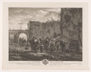 Munker deler ut mat til pilegrimer på en gårdsplass La Charité des Capucins (tittel på objekt) Trykk etter malerier av Philips Wouwerman (serietittel) Oeuvres de Ph.pe Wouwermans Hollandois (serietittel)