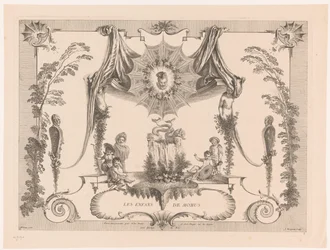 Design for paneling med barn ved en fontene Les Enfans de Momus (tittel på objekt) Oeuvre av Antoine Watteau (serietittel) L