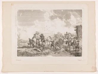 Hvilende jaktfest ved en fontene La Fontaine de Venus Trykk etter malerier av Philips Wouwerman (serietittel) Oeuvres de Ph.pe Wouwermans Hollandois (serietittel)