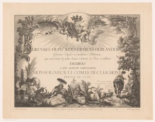 Titteltrykk med figurer og dyr i et landskap, med portrettet av Philips Wouwerman Trykk etter malerier av Philips Wouwerman (serietittel) Oeuvres de Ph.pe Wouwermans Hollandois (serietittel på objekt)