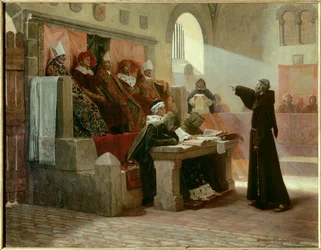 Albigeoise Inquisition: "Agitatoren til Languedoc Bernard Delicieux (1260-1318), fransiskanermunk under rettssaken hans." Dommens scene: på første rad i sentrum, vendt mot Bernard Delicieux, er den store inkvisitoren omgitt av to religiøse, bak