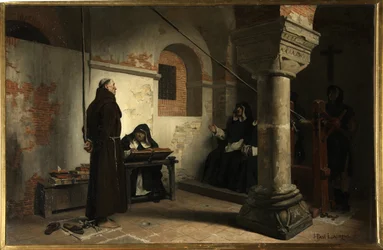 Bernard Delicieux (1260-1319) for inkvisisjonsdomstolen - Maleri av Jean Paul (Jean-Paul) Laurens (1838-1921), olje på lerret, ca. 1881, 79x121 cm - (Bernard Delicieux for inkvisisjonsdomstolen, Oil lerret av Jean Paul Laurens) - Sta
