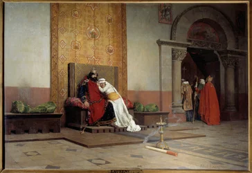 Ekskommunikasjonen av Robert II den fromme i 998. Kongen av Frankrike, sønn av Hugo Capet, forelsker seg i sin kusine Bertha av Burgund og gifter seg med henne til tross for pave Gregor Vs misbilligelse, og paven ekskommuniserer ham. Jean Paul Laurens