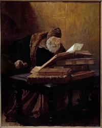 Den gamle vitenskapsmannen. Maleri av Jean Paul Laurens (1838-1921) 1889. Olje på lerret. Mål: 0,60 X 0,48 m. Toulouse, Musee Des Augustins - Den gamle vitenskapsmannen eller alkymisten. Maleri av Jean Paul Laurens (1838-1921)