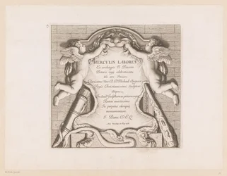 Titteltrykk med to putti og attributtene til Hercules Labours of Hercules (serietittel) Herculis Labores (serietittel på objekt)
