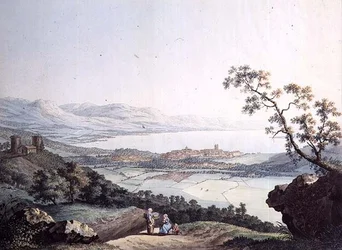 Utsikt over Genève fra Saconex i Savoy, gravert av Jean Philippe Linck II (1770-1812) og Jacob Philippe Hackert (1737-1807) (gravering)