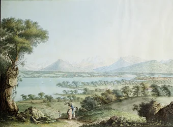 Utsikt over Mont Blanc med Genève i forgrunnen, gravert av Jean Philippe Linck II (1770-1812) og Jacob Philippe Hackert (1737-1807)