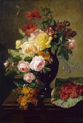 Roser, valmuer, veggblomster i en vase med bringebær (olje på lerret)