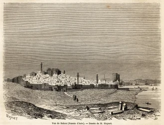 Utsikt over Baku (Russland, Aserbajdsjan), tegning av Mr. Moynet, for å illustrere reisen til kysten av Kaspiahavet, i oktober 1858, av Mr. Moynet. Gravering i "" Le tour du monde, nouveau journal des voyages"" Paris