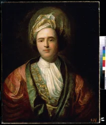 ""Portrett av en komiker i orientalsk scenekostyme"" (Portrett av en skuespiller) Han har på seg en turban. Maleri av Jean Ranc (1674-1735) Mikhail Kroshitsky kunstmuseum fra 1700-tallet, Sevastopol (Sevastopol) Ukraina