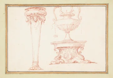 Innbundet tegning, en vase og en lampe på et stativ, i Dessins d#39;Ango Ornements et Architecture (Tegninger av ornamenter og arkitektur av Ango), 1760–69