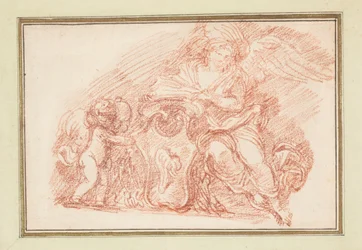 Bevinget figur og putto-støtteskjold
