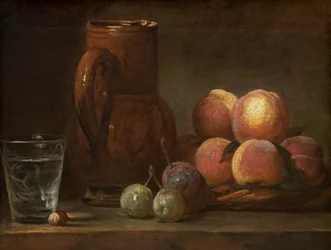 Frukt, kanne og et glass
