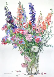 Ranunkel, Godetia, Delphiniums, 2000 (akvarell og blekk på papir)