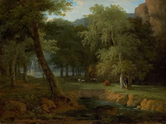 Skogsscene med nymfer og en herm, ca. 1810.