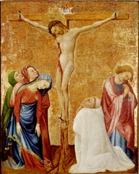 Golgata til den karteusiske munken. De tre jomfruene og den hellige Johannes omgir korset. En karteusisk munk kneler ved Kristi fot. Maleri av Jean de Beaumetz (1361-1396)
